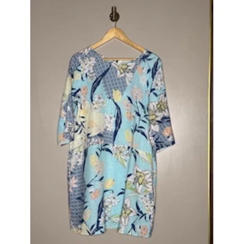 Malvin Linen Floral Shift Dress Blue Pockets Summer Cottagecore M - Picture 2 of 5